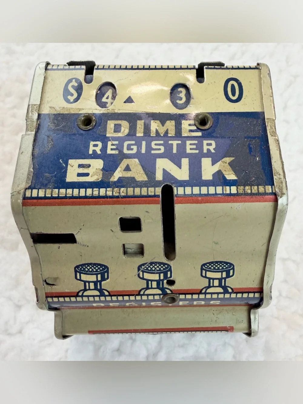 (VTG) J. CHEIN & CO • Tin Litho Mechanical Dime Register Coin Bank Made in USA